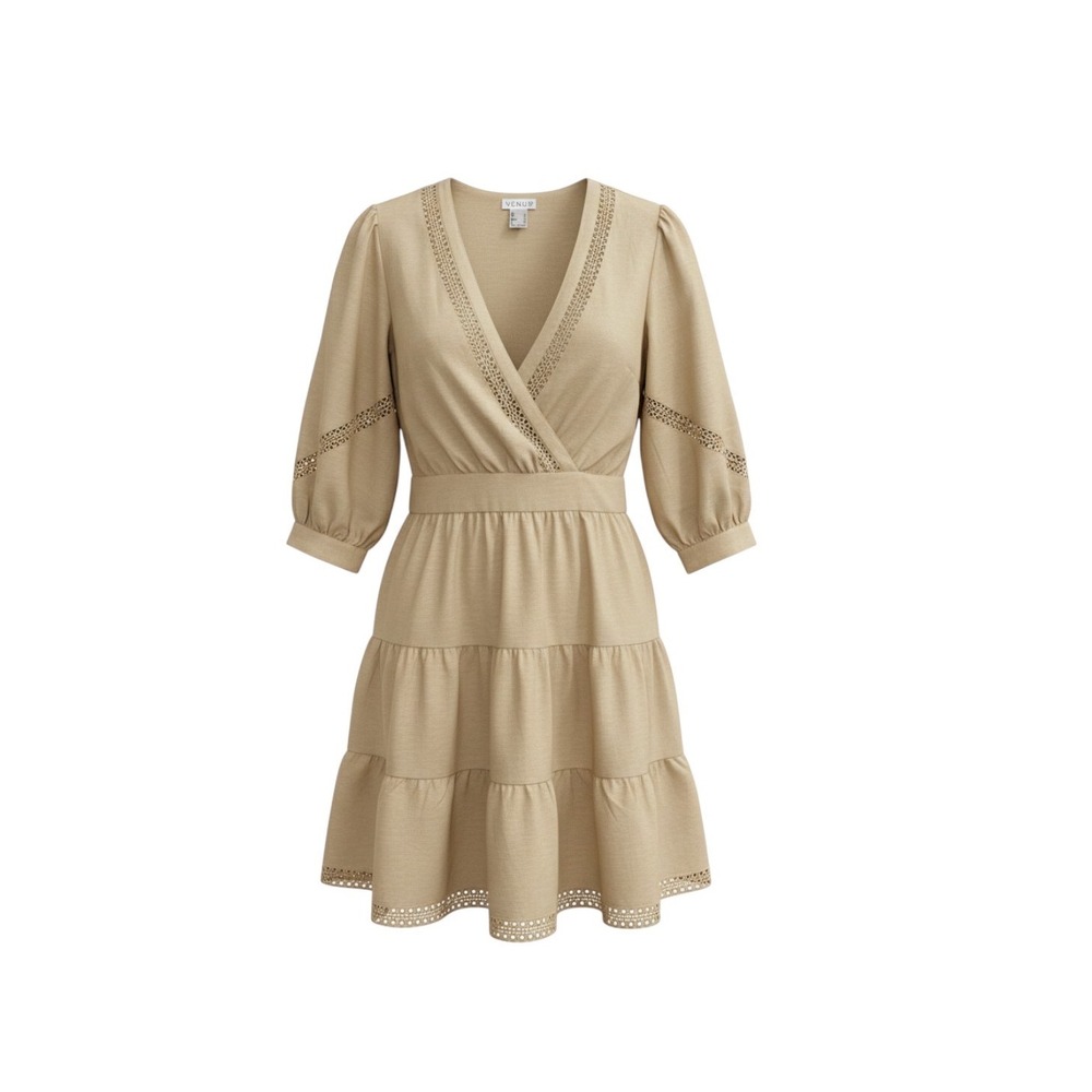 Cotton Linen Tan Eyelet Lace Trim Tiered Mini Dress Size 6 Puff Sleeve V-Neck